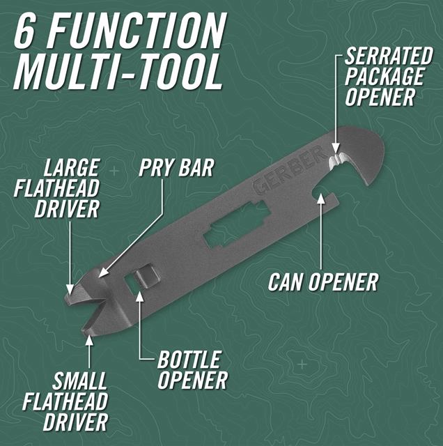 A Gerber 6-function multi-tool shown on a dark green background with labeled callouts pointing to each tool function: large flathead driver, small flathead driver, pry bar, bottle opener, can opener, and serrated package opener.