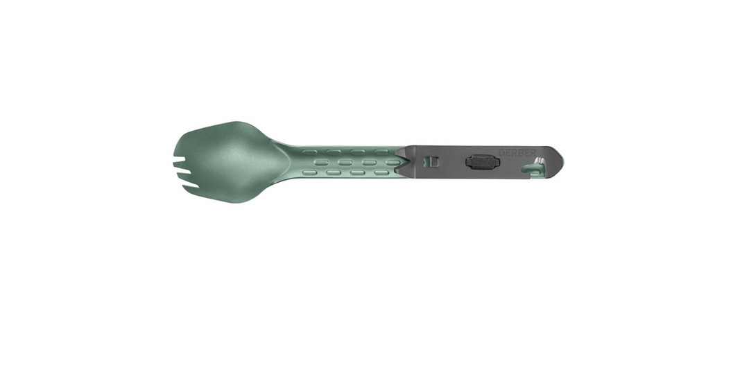 A compact camping spork with a dark green head and a dark gray handle, shown horizontally against a plain white background.