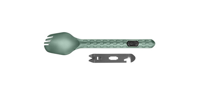 A green spork with a built-in multi-tool handle and a separate gray multi-tool accessory, shown on a plain white background.