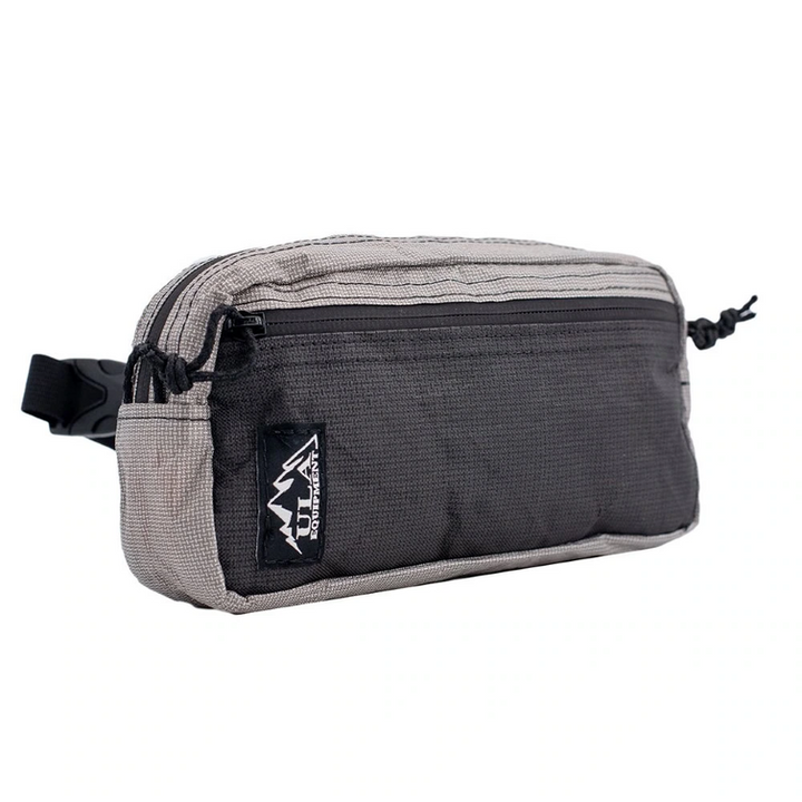 Gray waist bag with black accents on a white background