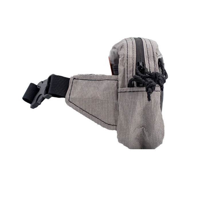 Gray waist bag with black straps on a white background