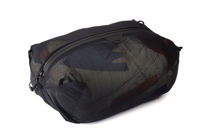 A black mesh duffel bag with a camouflage-patterned interior lining, shown at an angle on a white background.