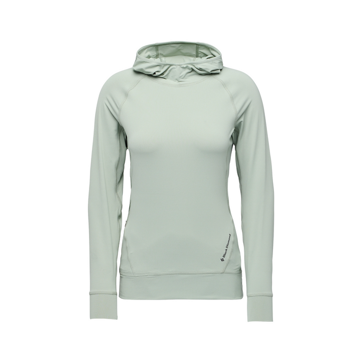 A light sage green hooded long-sleeve athletic top shown on a ghost mannequin against a plain white background.