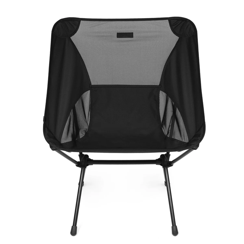 A black and gray folding camp chair with a black metal frame, shown from the front against a solid white background.