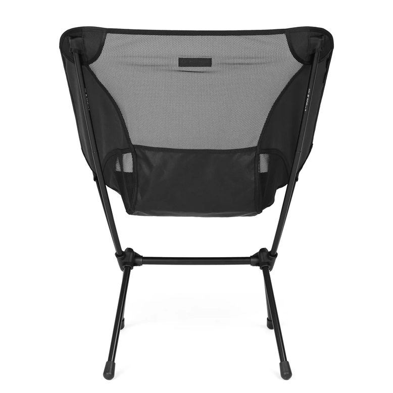 A black and gray folding camp chair with a mesh backrest and a black storage pocket on the front, shown on a solid white background.