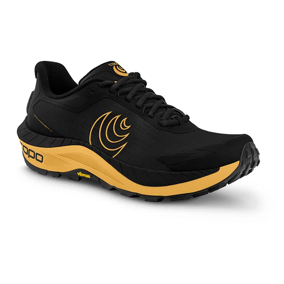 Black and yellow athletic shoe on a white background