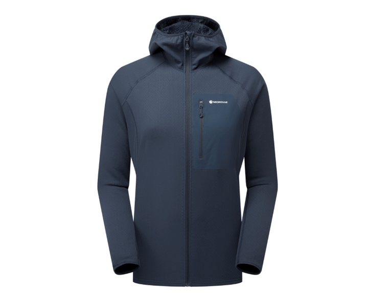 A dark slate blue hooded jacket with a full-zip front, a vertical zippered chest pocket, and a small white &