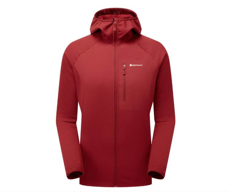 A red hooded zip-up jacket with a vertical zippered chest pocket and a small white Montane logo on the left chest, shown on a plain white background.