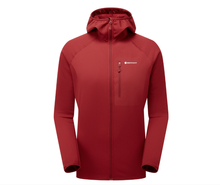 A red hooded zip-up jacket with a vertical zippered chest pocket and a small white Montane logo on the left chest, shown on a plain white background.