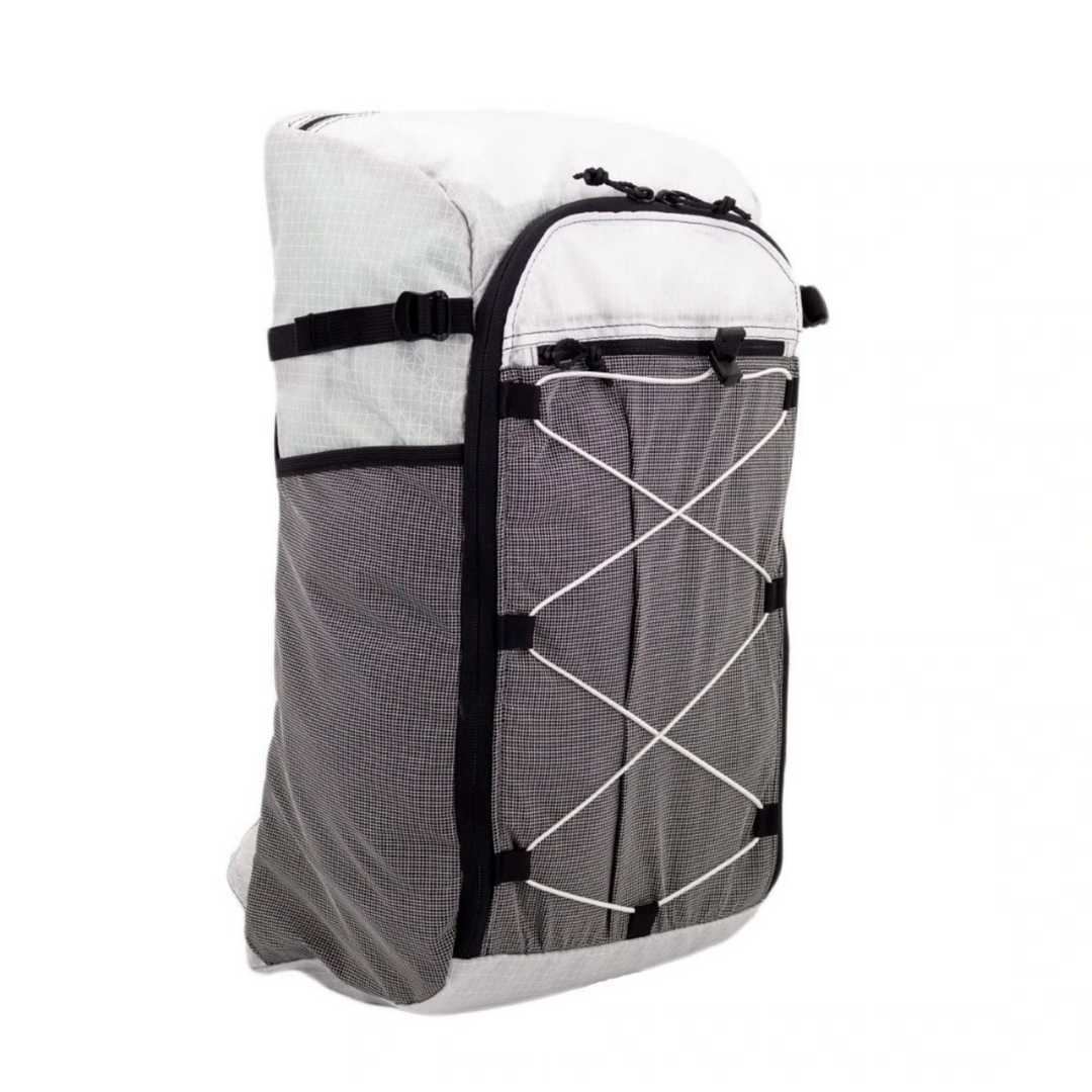 Backpack with white top section and gray bottom section on a white background