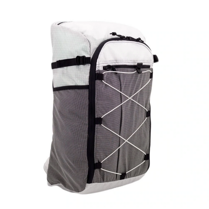 Backpack with white top section and gray bottom section on a white background