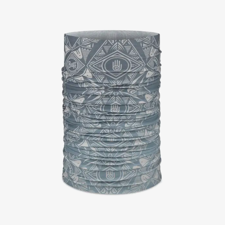 A gray and white patterned neck gaiter tube, shown vertically on a plain white background.