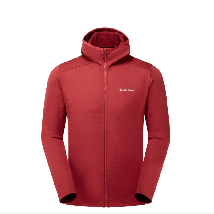 A red hooded zip-up jacket with a small white Montane logo on the left chest, displayed on a clean white background.