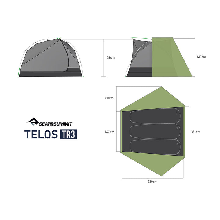 Dimensions of a Sea to Summit Telos TR3 tent on a white background