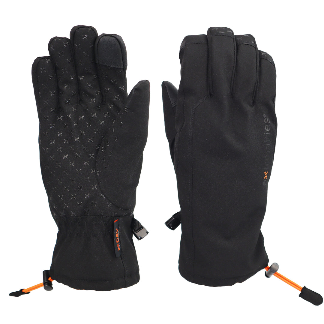 Pair of black gloves with orange accents on a white background