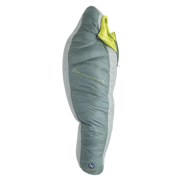 Grey and green sleeping bag on a white background