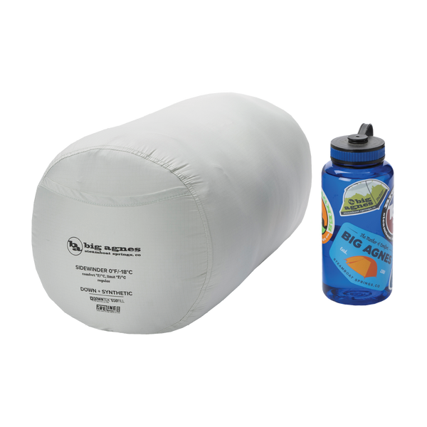 Grey sleeping bag next to blue water bottle.