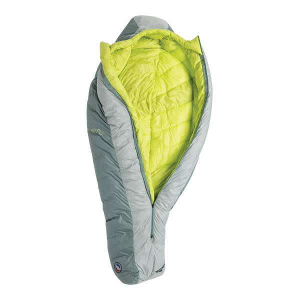 Grey unzipped sleeping bag with neon green lining on a white background