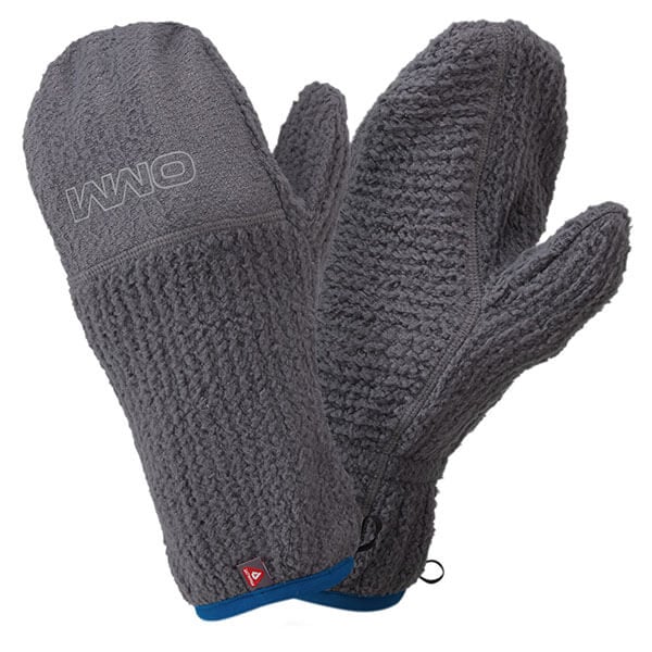 Gray textured mittens with OMM logo on a white background