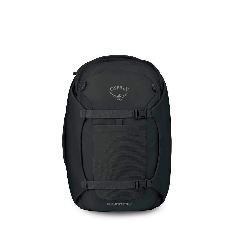 A black Osprey backpack shown from the front against a plain white background.
