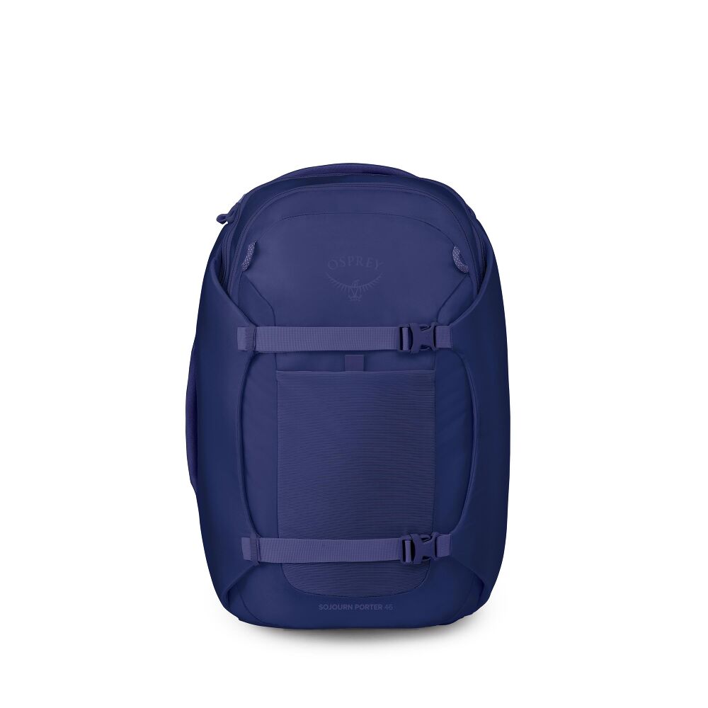 A dark navy blue Osprey backpack with matching purple straps and buckles, shown from the front on a solid white background.