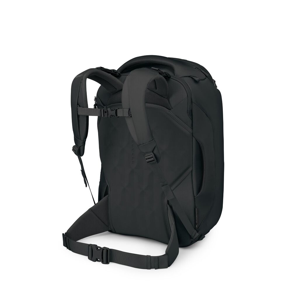 A black technical backpack shown from a three-quarters rear angle on a clean white background.