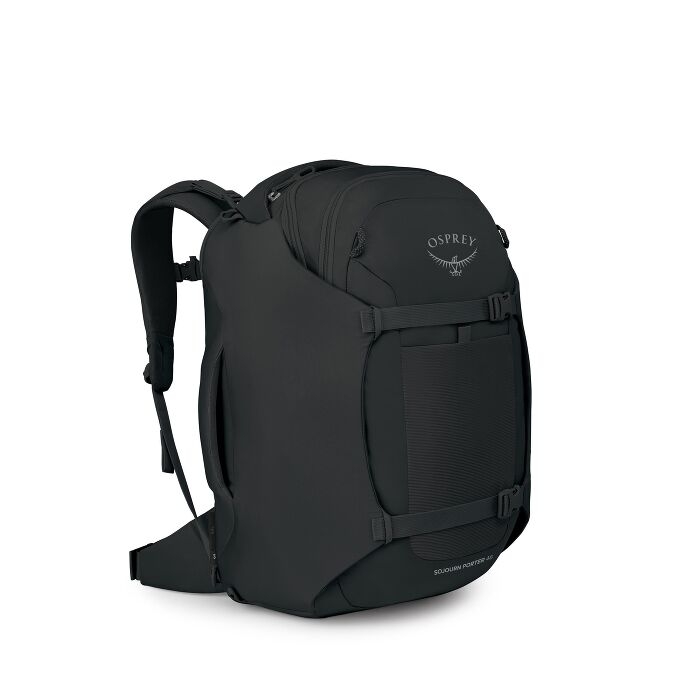 A black Osprey backpack shown from a three-quarter angle against a plain white background.