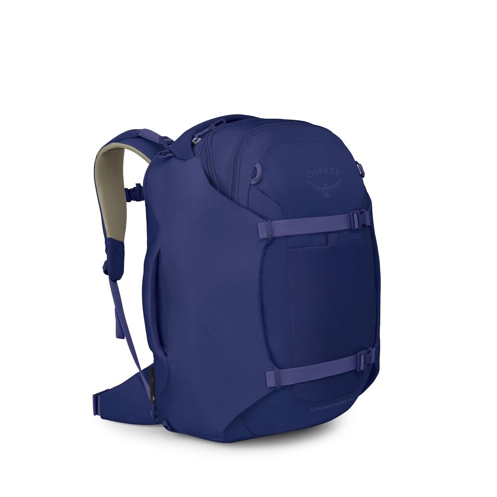 A navy blue Osprey backpack shown from a three-quarter angle against a plain white background.