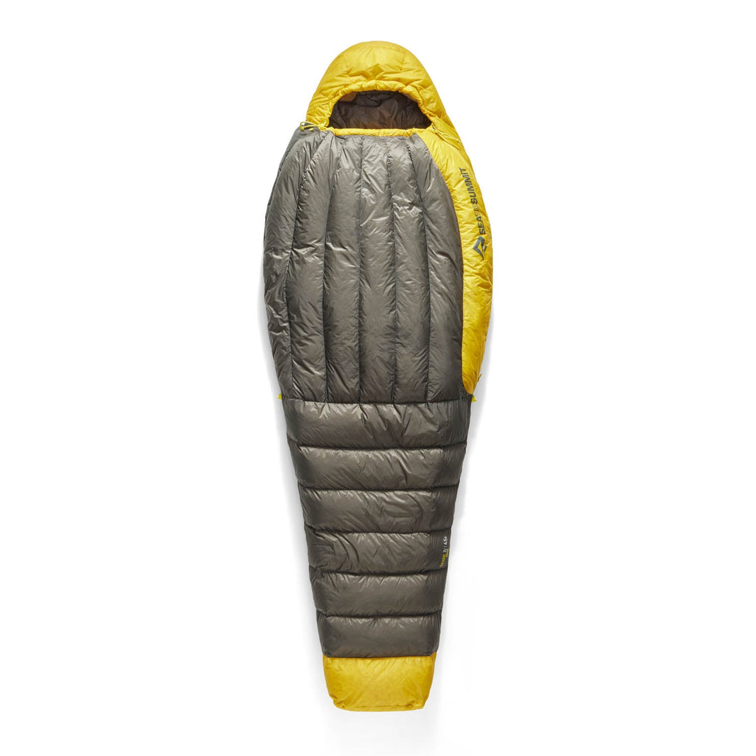 Grey and yellow sleeping bag on a white background