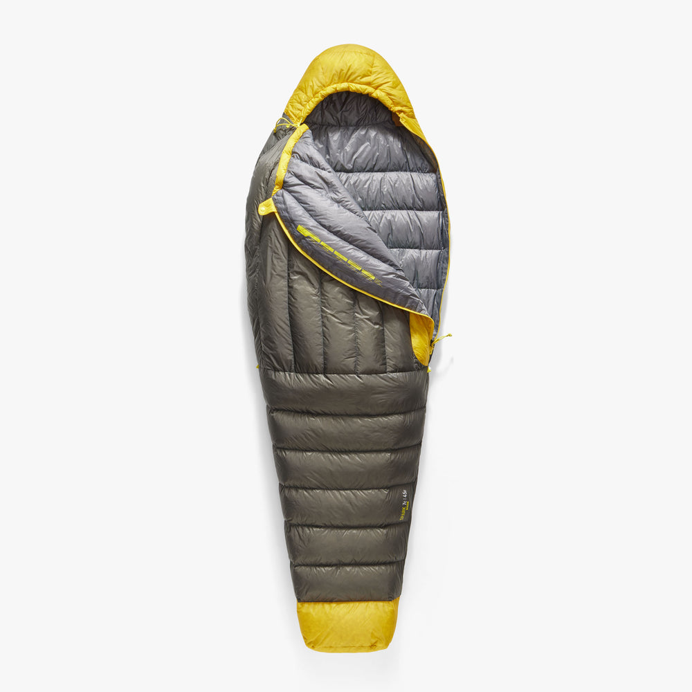 Grey and yellow sleeping bag with half length zip unzipped on one side and the chest section folded back