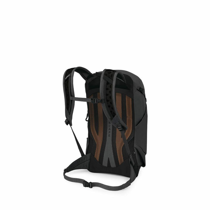 Black backpack with brown accents on a white background