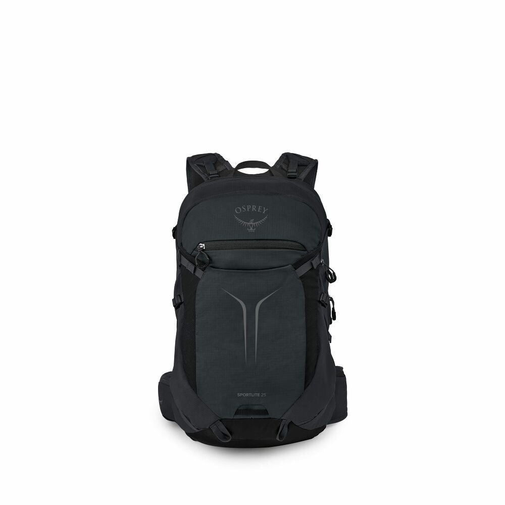An Osprey backpack in black and dark gray, shown from the front against a plain white background.