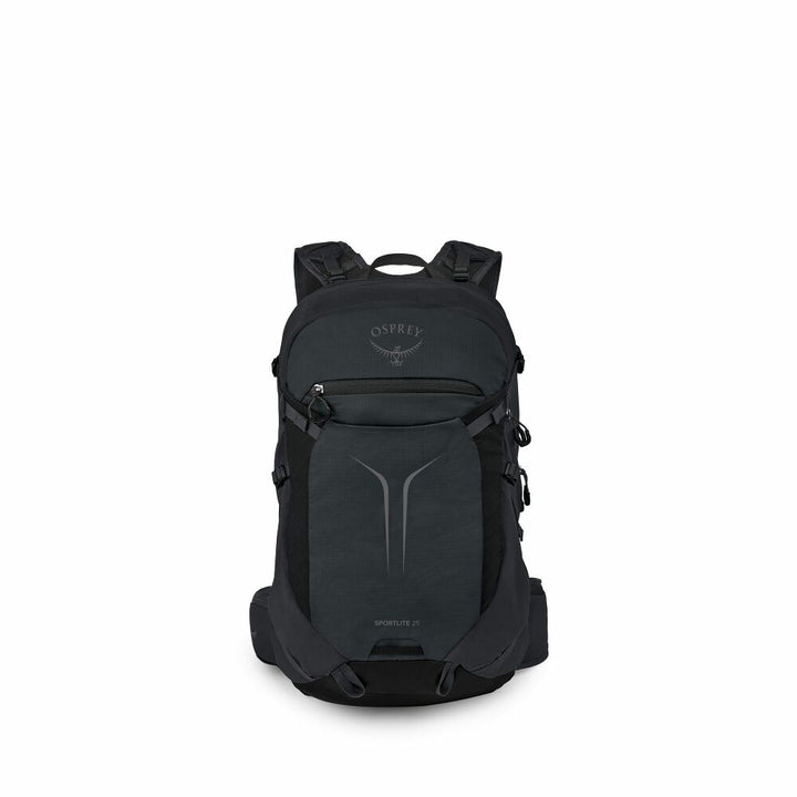An Osprey backpack in black and dark gray, shown from the front against a plain white background.