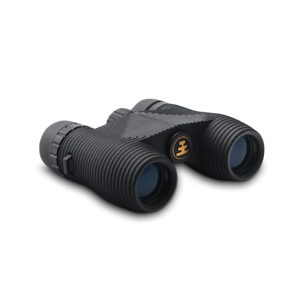 Compact black binoculars on a white background