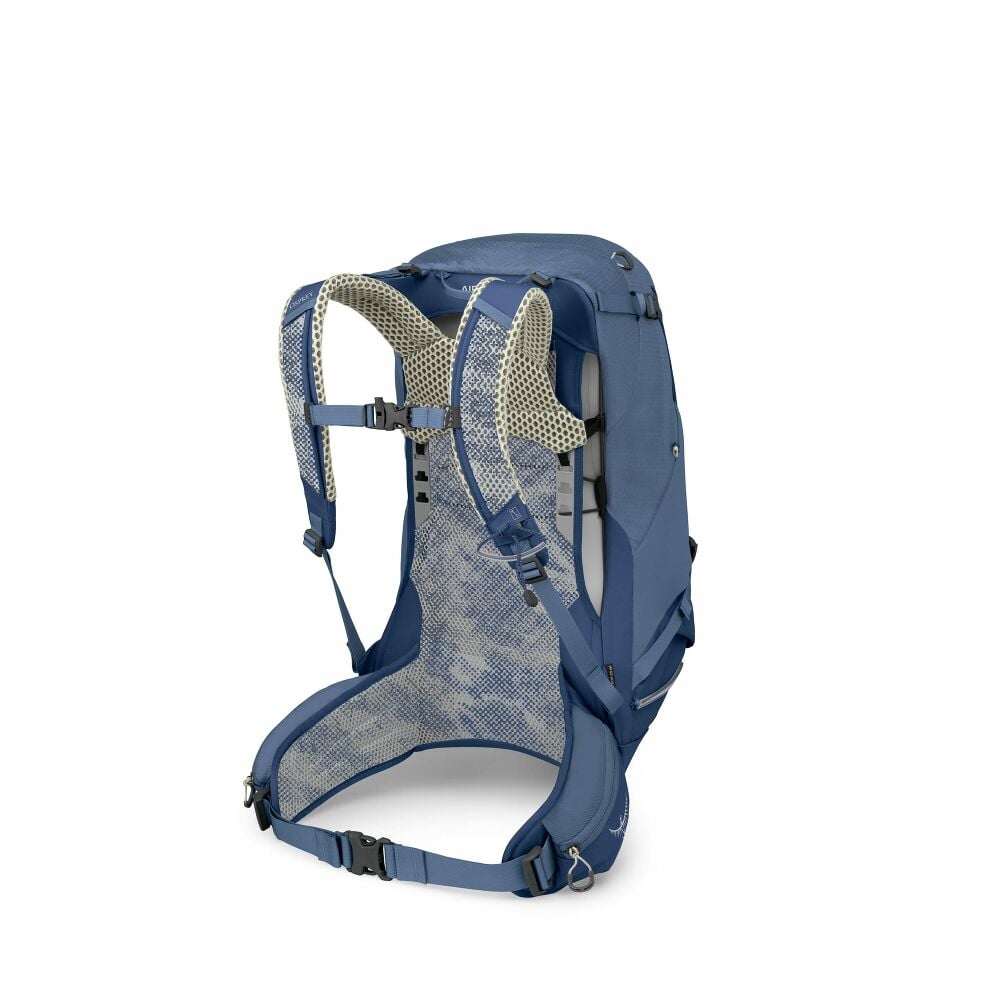 Blue backpack with mesh back panel on a white background