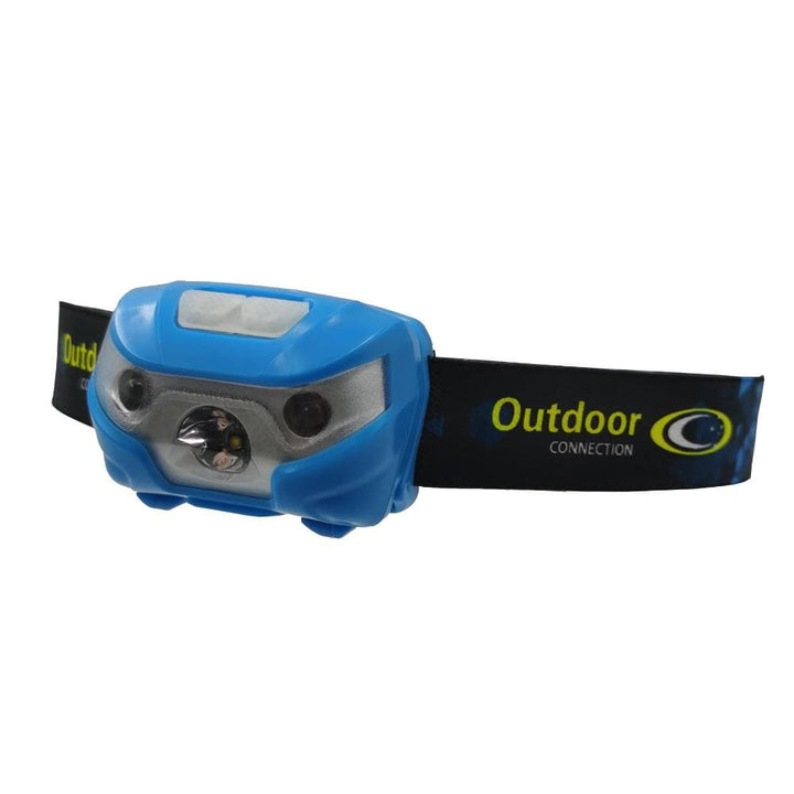 A blue outdoor headlamp with a black adjustable strap featuring the &