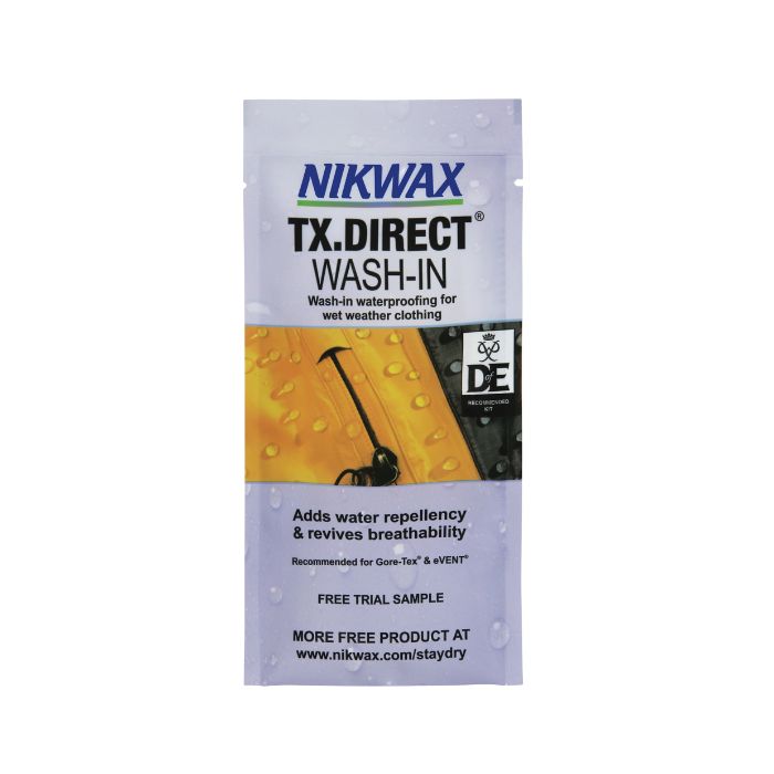 A sachet of Nikwax TX Direct Wash-In waterproofing treatment for clothing.