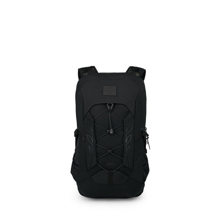 A black technical backpack with a structured design, front compression straps, and side mesh pockets, shown against a plain white background.