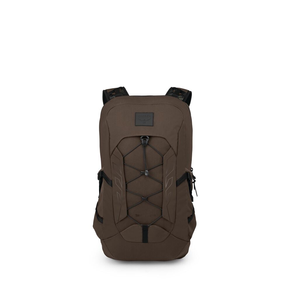 An olive green technical backpack with black accents, shown from the front against a plain white background.