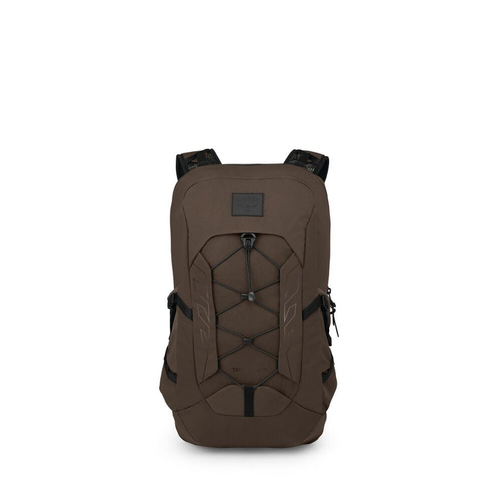 An olive green technical backpack with black accents, shown from the front against a plain white background.