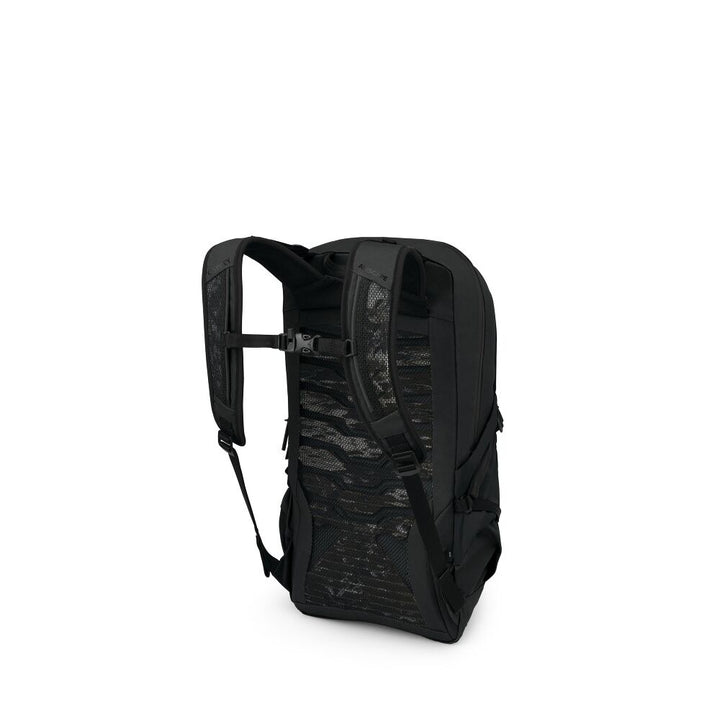 Black backpack with camouflage pattern on a white background