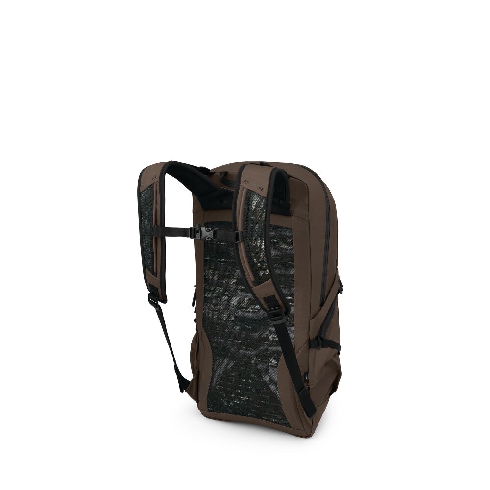 A brown and black backpack shown from a three-quarters rear view, featuring a dark camouflage pattern on the main body panels and black mesh side pockets, set against a plain white background.