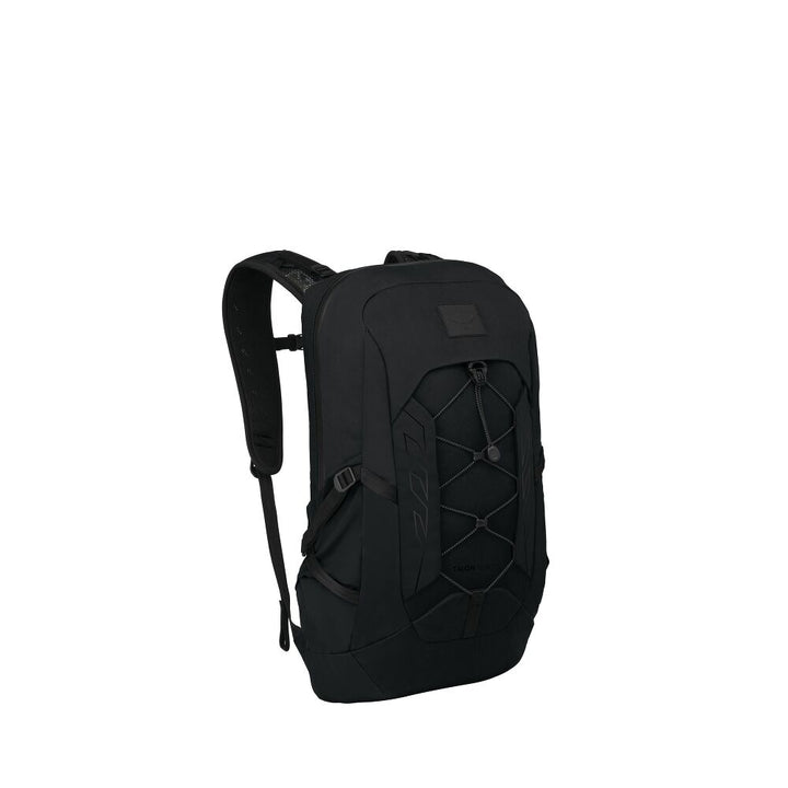 A black technical backpack with a front compression cord system and padded shoulder straps, shown from a three-quarters angle on a plain white background.