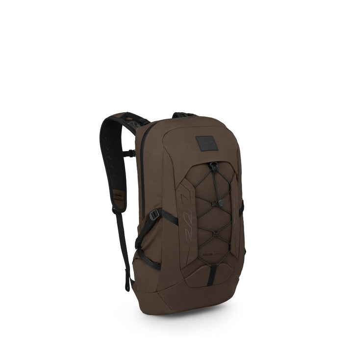A brown technical outdoor backpack with black straps, buckles, and shoulder straps, shown from a three-quarters angle on a white background.