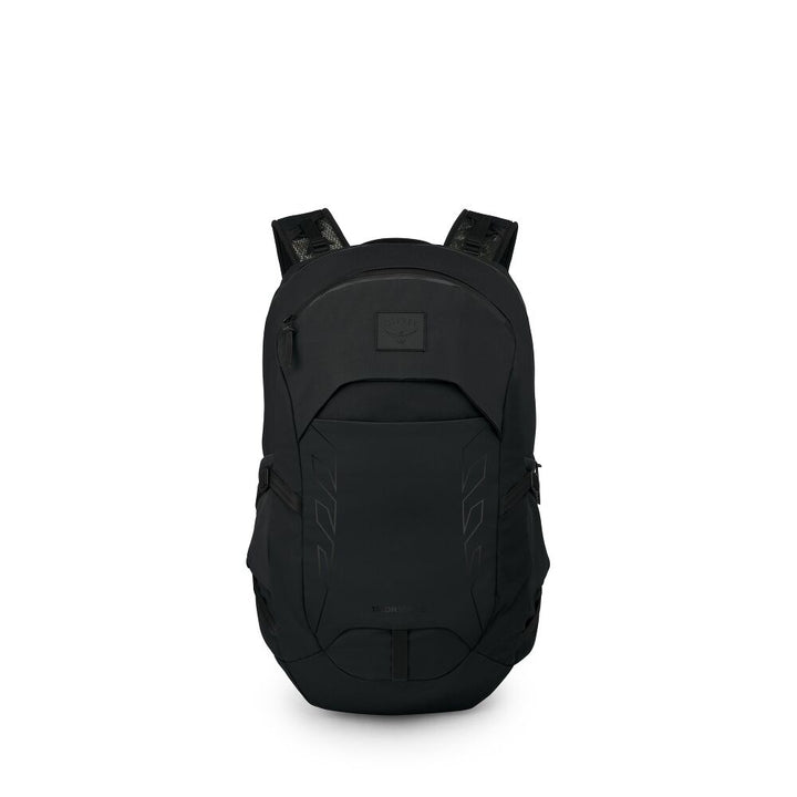 A black backpack shown from the front on a clean white background. The backpack has a structured shape with padded shoulder straps, a main zippered compartment, and a front zippered pocket.