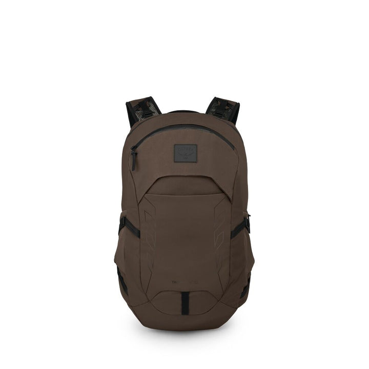An olive green backpack with black accents, including the shoulder straps and a small square logo patch on the front, shown against a plain white background.