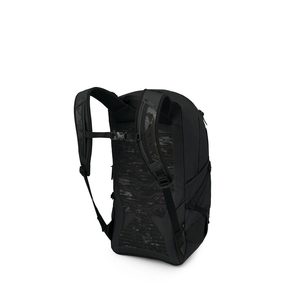 A black backpack with a subtle tonal camouflage pattern on the front mesh panel, shown from a three-quarters angle against a plain white background.