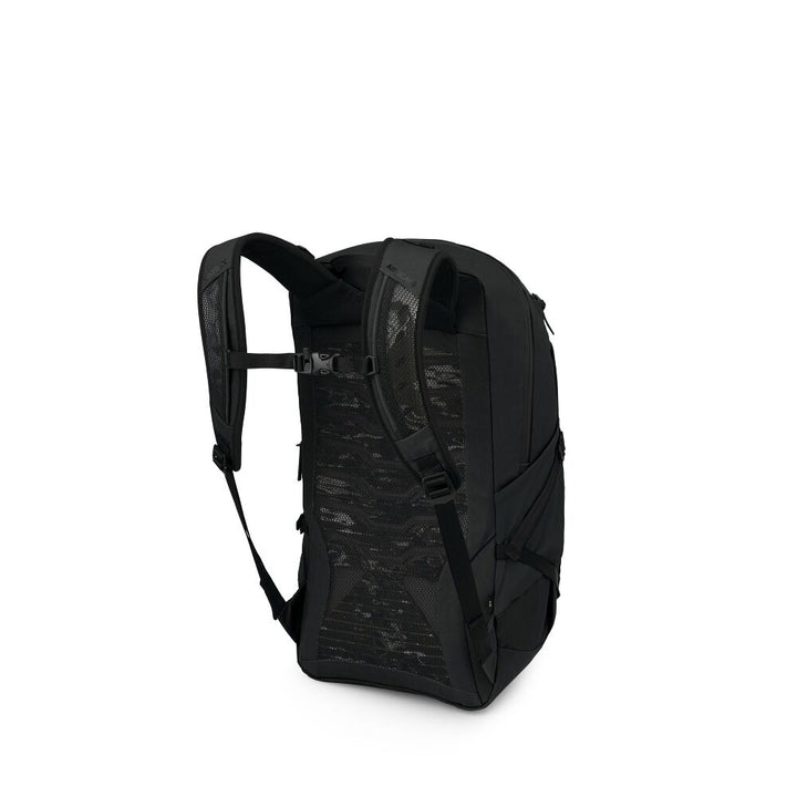 A black backpack with a subtle tonal camouflage pattern on the front mesh panel, shown from a three-quarters angle against a plain white background.