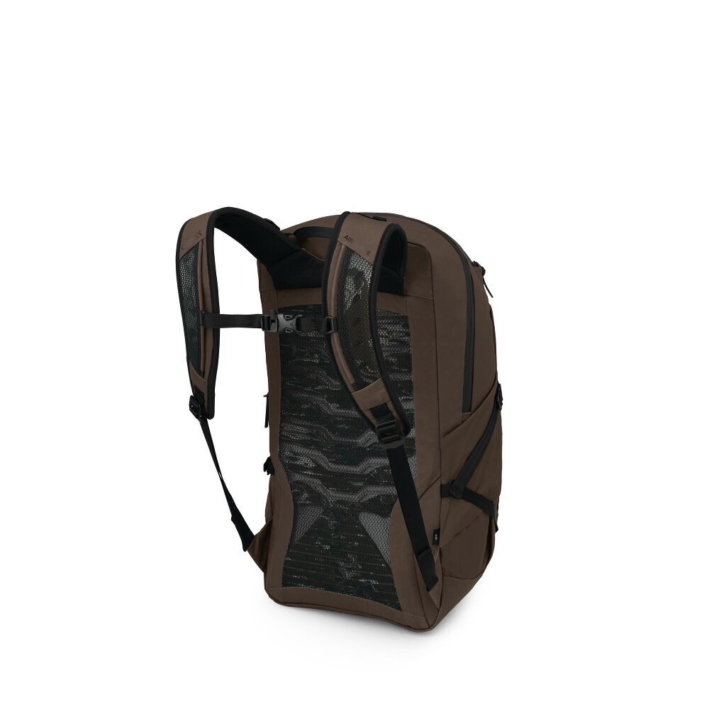 A brown and black backpack shown from a three-quarters rear angle on a solid white background.