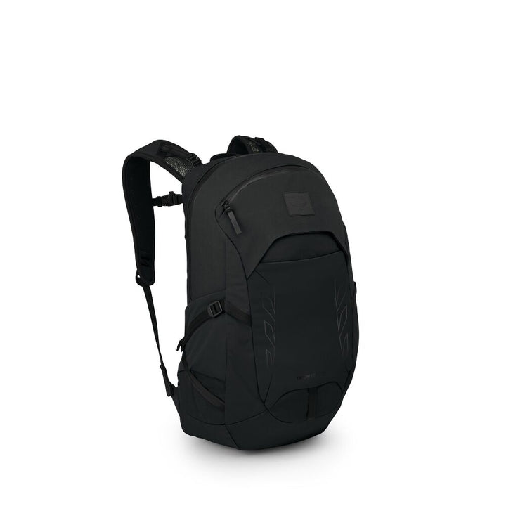 A black technical backpack shown from a three-quarter angle against a plain white background.